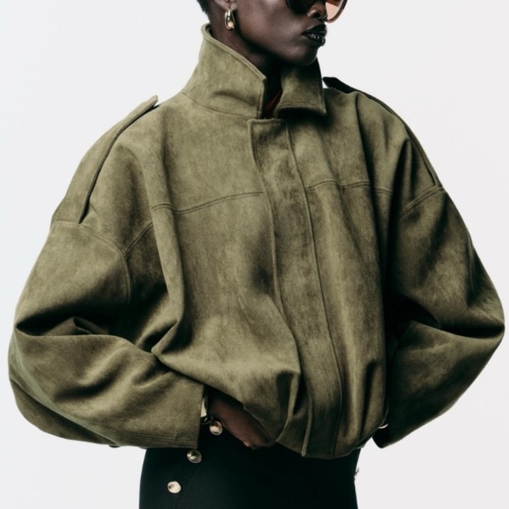 ZARA Army Green Faux Suede Leather Bomber Jacket